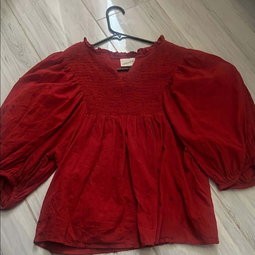 Universal Thread Red Puff Sleeve Blouse with Smocked Bib Collar